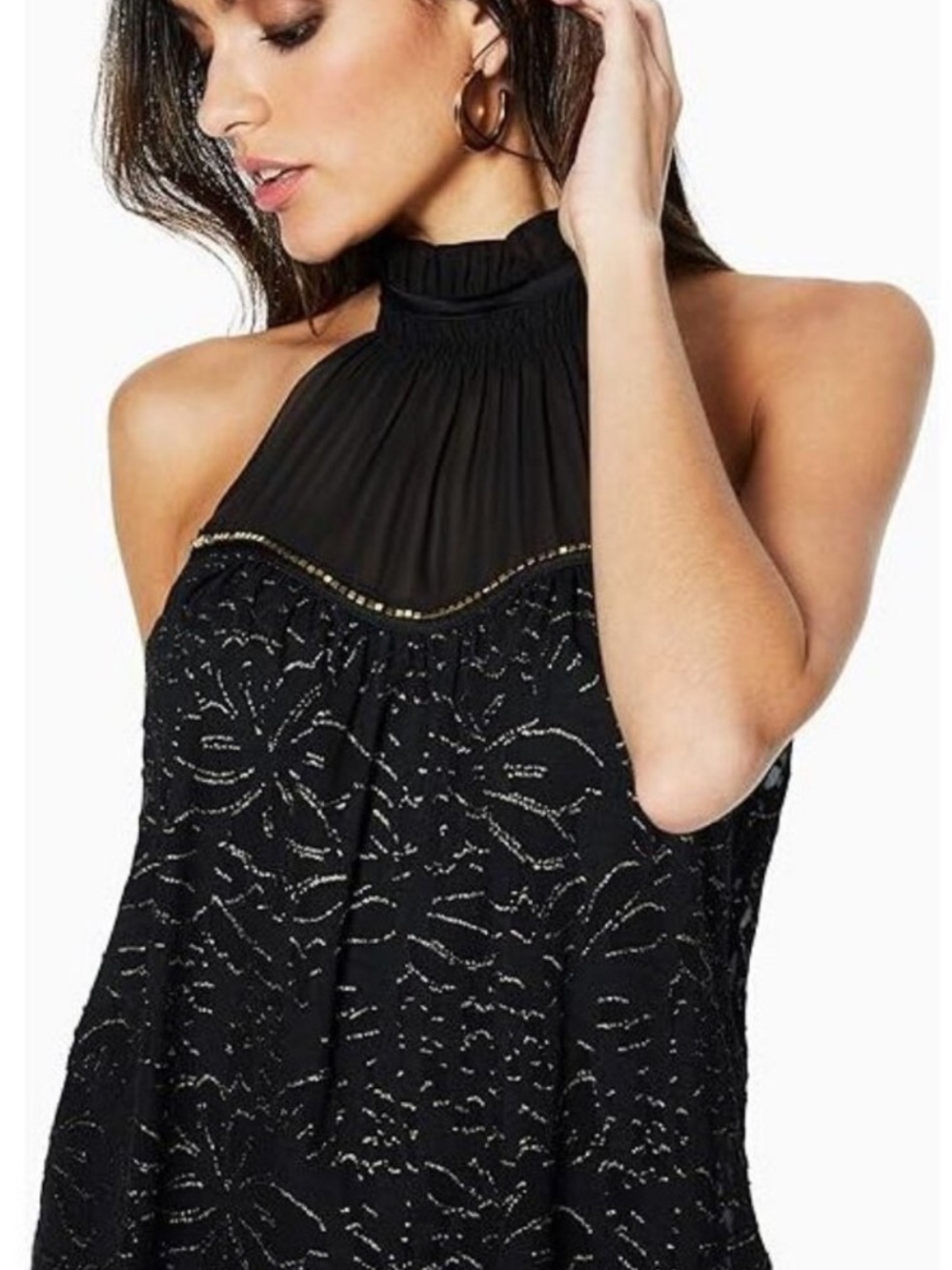Ramy Brook Amrita Black & Gold Metallic Embellished Floral Sleeveless Top.